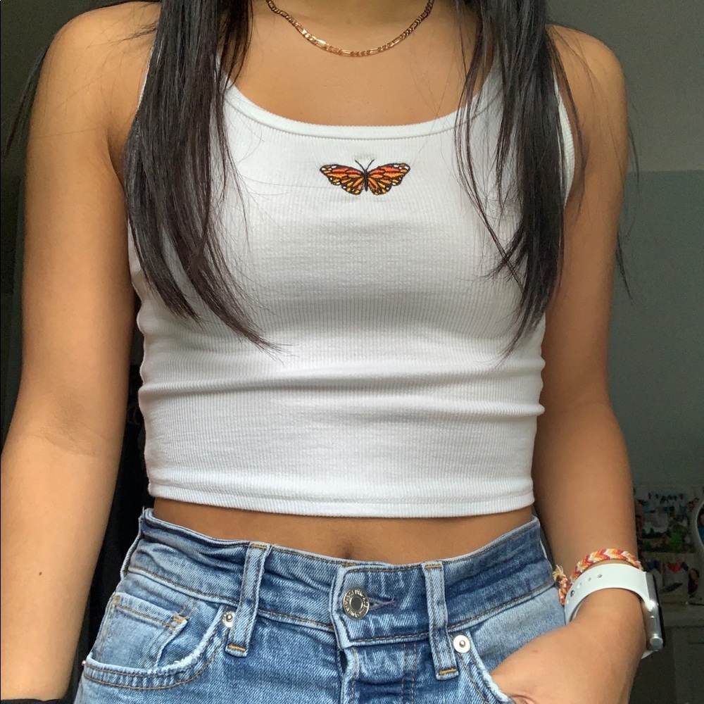 white butterfly cropped tank